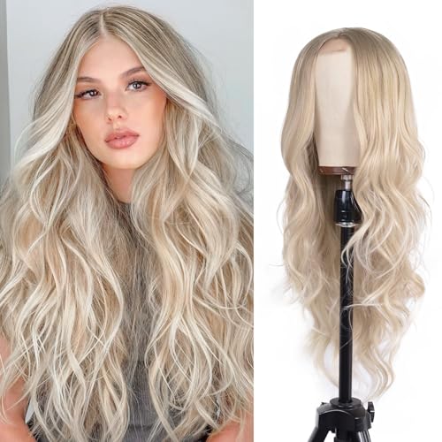 T-color Ash Blonde Long Wavy Wig for Women Middle Part