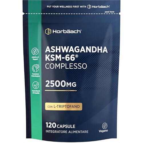 Ashwagandha KSM-66 Complex 2500mg | 120 Capsule Vegane | con Triptofano + Vitamina B6 e B12 Alto Dosaggio | Estratto di Pepe Nero e Niacina | by Horbaach