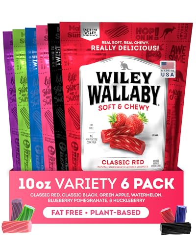 Wiley Wallaby Licorice 10 Ounce Classic Gourmet Australian Style Soft & Chewy Licorice Candy Variety Pack Twists, 6 Pack