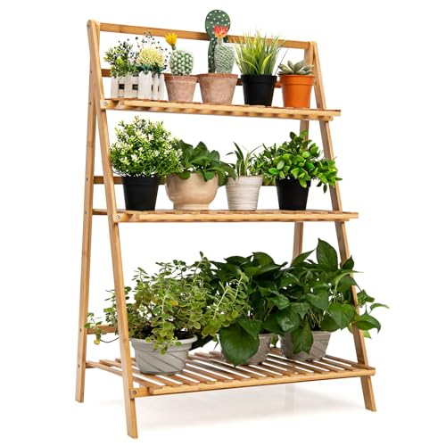 RELAX4LIFE Scaffale per Piante a 3 Livelli Pieghevole in bambù, Scaletta per Piante, per Soggiorno, Balcone, Giardino, Interno ed Esterno, Naturale