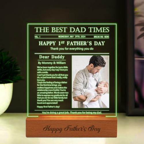 The Best Dad Time Newspaper, Personalized First Dad Newspaper Night Light, Custom Photo Happy 1st Father's Day Newspaper Acrylic Plaque Lamp, Thank You Everything First Fathers Day Dad gifts (style 1) - Image 3