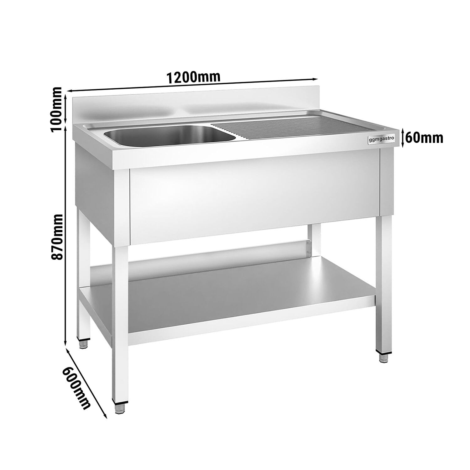 GGM Gastro | STK126BL1 | Spültisch PREMIUM - 1200x600mm - mit Grundboden - mit 1 Becken links