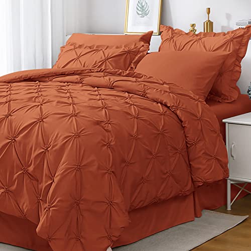 JOLLYVOGUE Queen Comforter Set 7 Pieces, Burnt Orange Bed in a Bag Comforter Set for Bedroom, Bedding Comforter Sets with Comforter, Sheets,Ruffled Shams & Pillowcases
