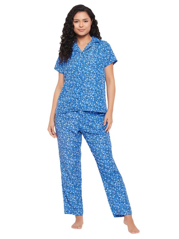 Clovia Women's Rayon Printed Shirt & Pyjama Set - Blue