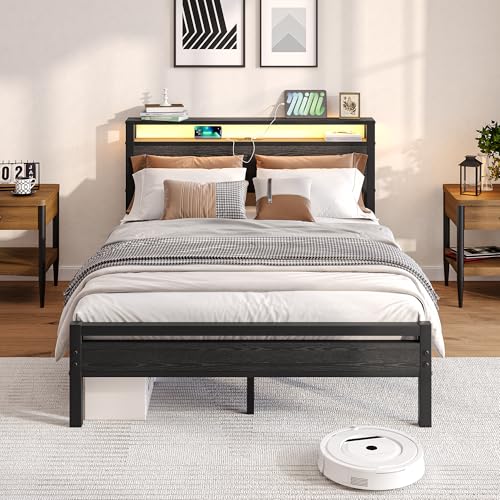BORPHOM Telaio del letto con stazione di ricarica,illuminazione a LED,letto matrimoniale per ospiti,letto matrimoniale in metallo,140 x 190 cm,struttura in metallo,letto per ragazzi con rete a