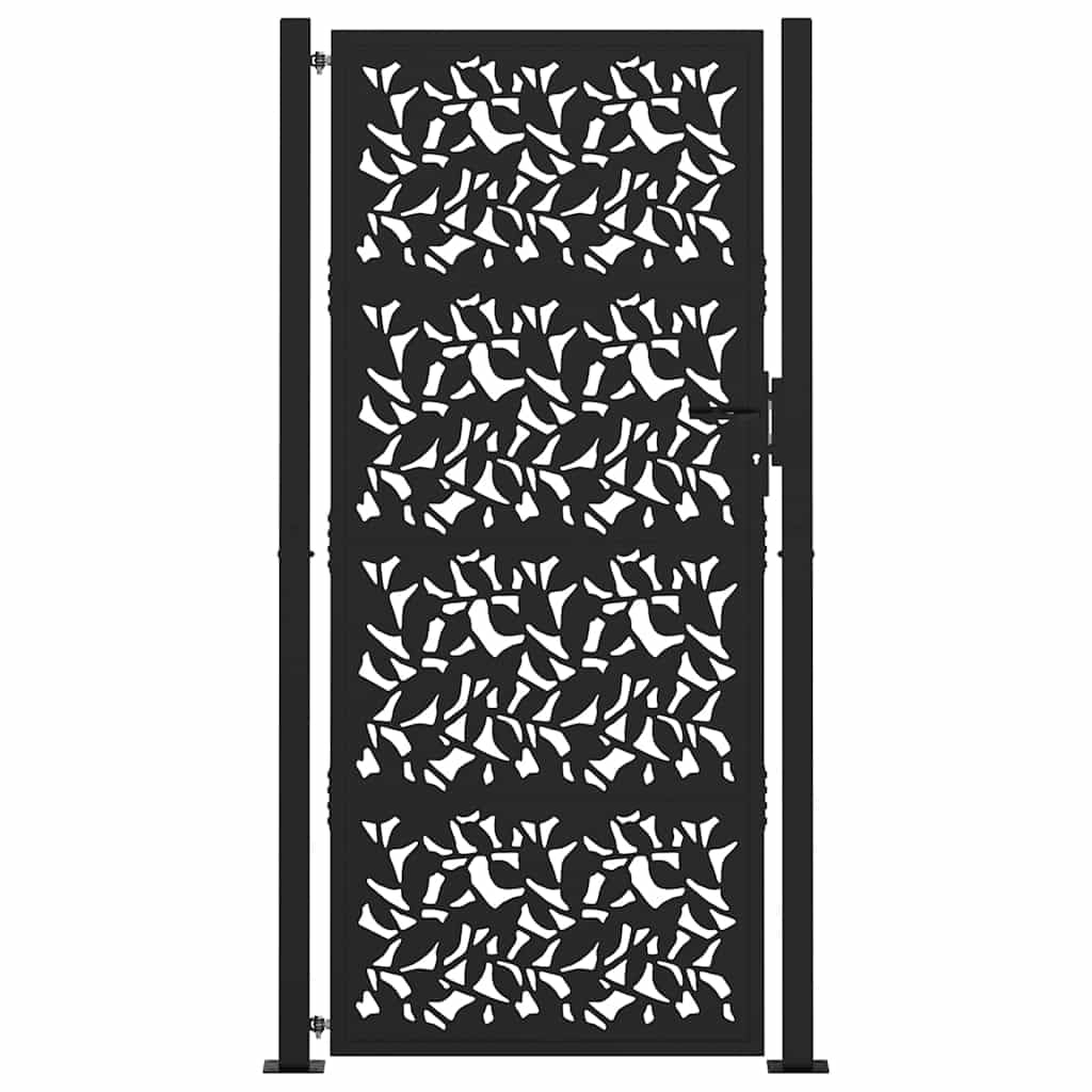 Czarna brama ogrodowa 100 x 200 cm ze stali kortenowej z wzorem liścia