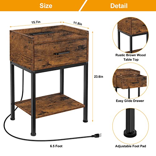 Oyeal Nightstand, End Table With Charging Station 2-Tier Side Table With Drawer And Storage Shelf, Rustic Small Night Stand For Bedroom, Living Room, Easy Assembly, Rustic Brown #TOP2