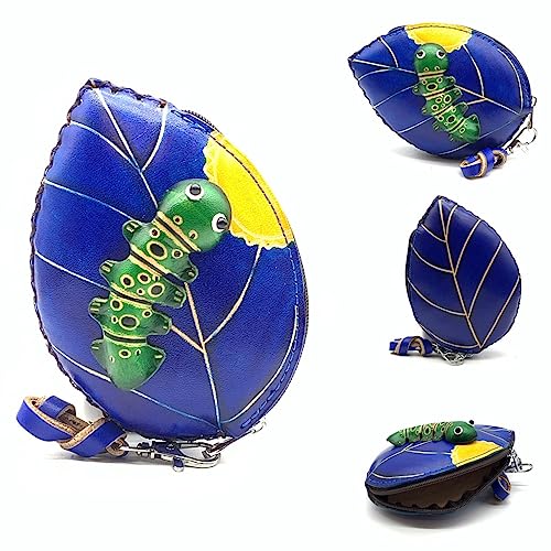 Genuine Leather Homemade Caterpillar on leaf Coin Pouch Removable Wrist Strap (Blue)4