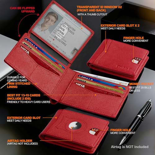 Image of Wallet for Men Slim RFID Blocking Bifold Carbon Fiber,Minimalist Small Compact Front Pocket Credit Card Holder,Thin Mens Leather Wallets Smart Security With 2 ID windows 1 Cash (Cross Red)