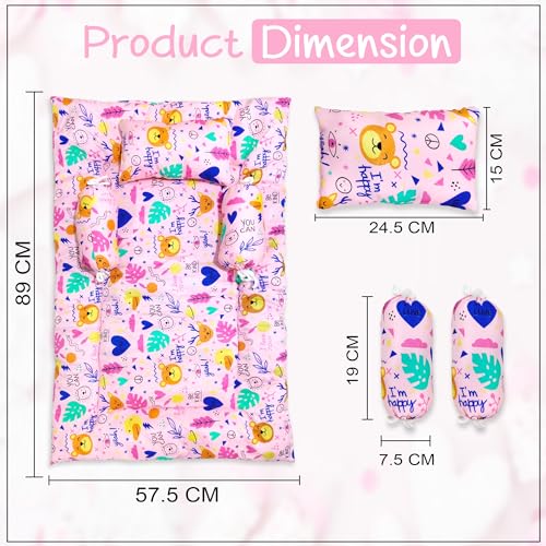 Image of GLUN 4 Piece Newborn Baby Cotton Bedding Set, Pink Colour for Girl (1 Bed, 2 Round Pillow, 1 Head Shaping Pillow), High Quality Fibre Cotton, Maternity, Newborn Essentials Accessories