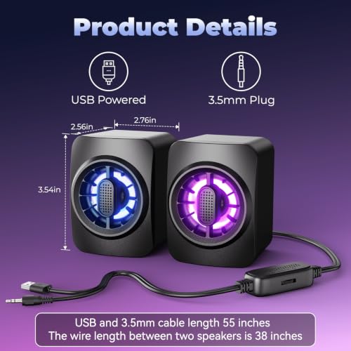OFFSIR Computer Speakers,RGB PC Speakers, USB Powered 3.5mm Aux Speaker for Desktop, PC, Laptop, Tablet - Small Computer Speakers | Clear Sound & 7-Color Dynamic Lighting - image 2