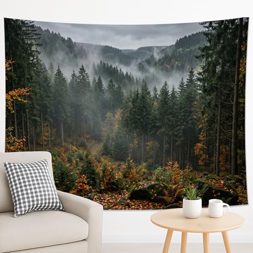 Tapisserie forêt d'automne géante tissu vert et marron décoration esthétique