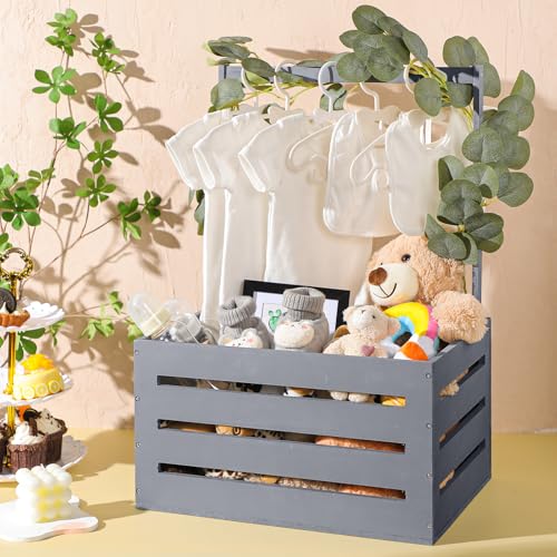 Image of Barydat Wooden Baby Shower Crate Closet Basket with Handle Baby Announcement Sign Garland Hangers Large Letter, Wooden Gift Crate, Letters for Pregnancy New Parent Party(Gray)