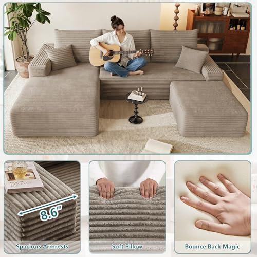 Image of 95 inch U-Shape Cloud Couch, Modern Modular Sectional L-Shape Sofa with Ottoman, Corduroy Upholstered Couches Deep Seat Sleeper Chaise Longue for Living Room, No Assembly Required(Camel, Left Facing)