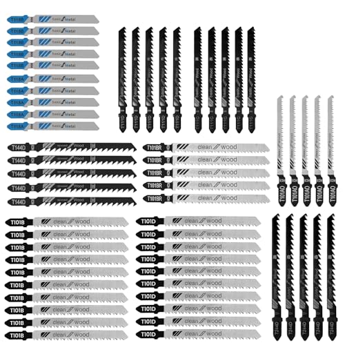 Exsink Stichsägeblätter Set T-Schaft 60tlg, Holz Kunststoff Metall Jigsaw Sägeblätter 2-Seite Clean, Sperrholz Hardwood Kunststoffbeschichtete Platten Küchenarbeitsplatte Aufbewahrungskoffer Zubehör