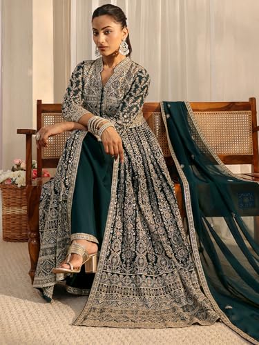 Image of Libas Art Embroidered Georgette Anarkali Kurta With Palazzos and Dupatta | ethnic wear | bridal suit | occasion wear