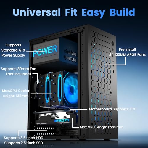 Gabinete Mini-ITX con 2 ventiladores ARGB de 120 mm, gabinete ITX de alta ventilación, soporte para fuente ATX, puerto USB 3.0, gabinete para computadora ITX de factor de forma pequeño (negro con ventiladores) miniatura 4