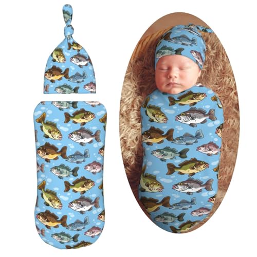 Image of Watercolor Bass Fishes Newborn Swaddle Blankets Hat Sets Soft Baby Receiving Blanket Swaddle Sack for Baby Shower Infant Boy Girl Gift