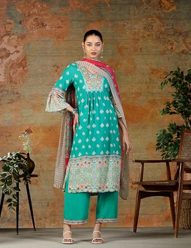 Image of BIBA Women Rayon Liva Gathered Kurta Palazzo Suit Set