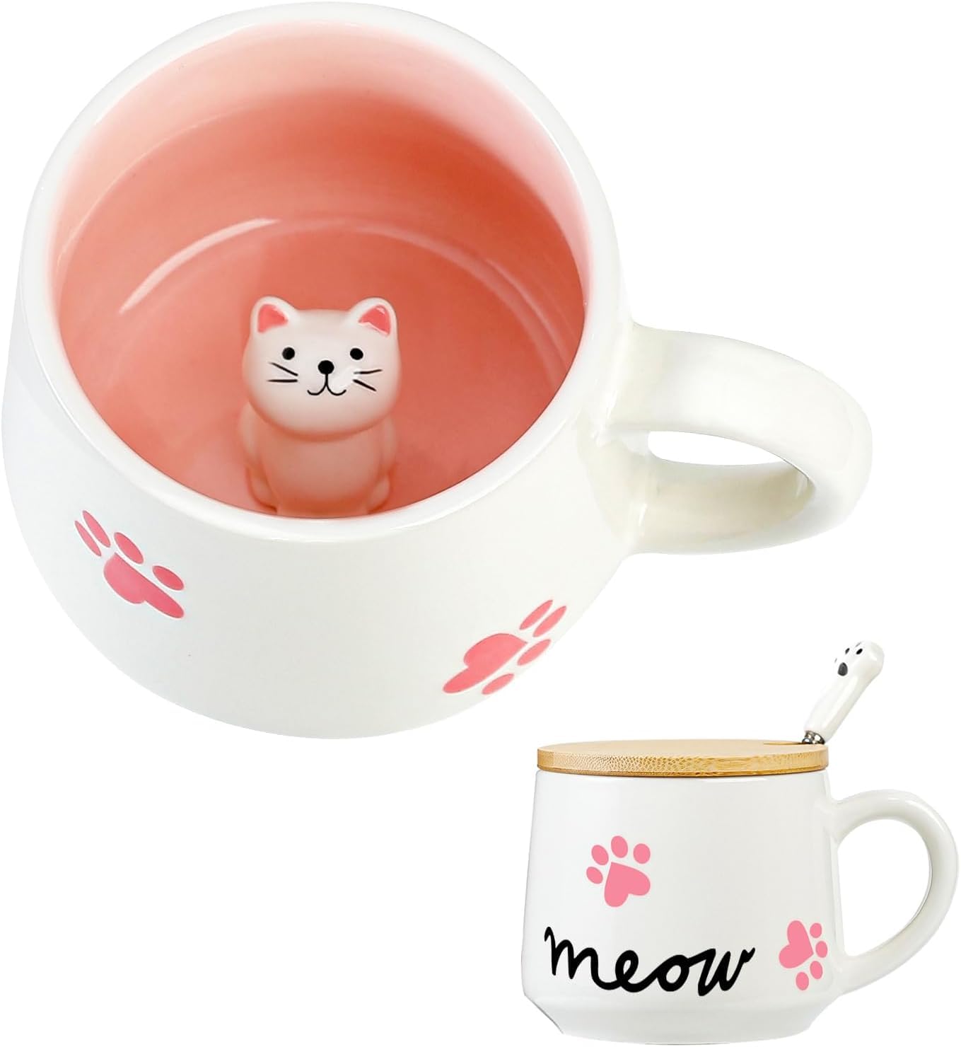 BigNoseDeer Kawaii Cat Mug with 3D Kitty Inside Cute Mugs Ceramic Tea Cup Coffee Mug Gifts for Women Girlfriend Kids White Elephant Gifts (13oz)