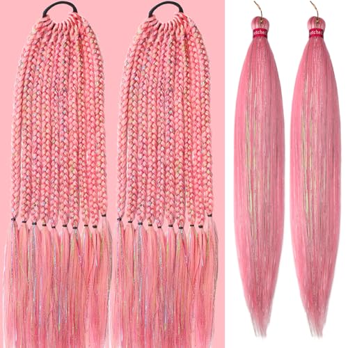 Pink with Tinsel Braiding Hair Pre Stretched 2 Packs 26
