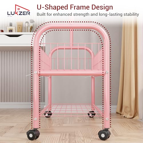 Image of Lukzer | MGR-002 | Pink | Metal Cloth Stand & Garment Rack with Wheels, 2 Bottom Shelves & Single Rod - Space-Saving Clothes Organizer for Bedroom, Laundry, Entryway & More | 173 x 90 x 34 cm