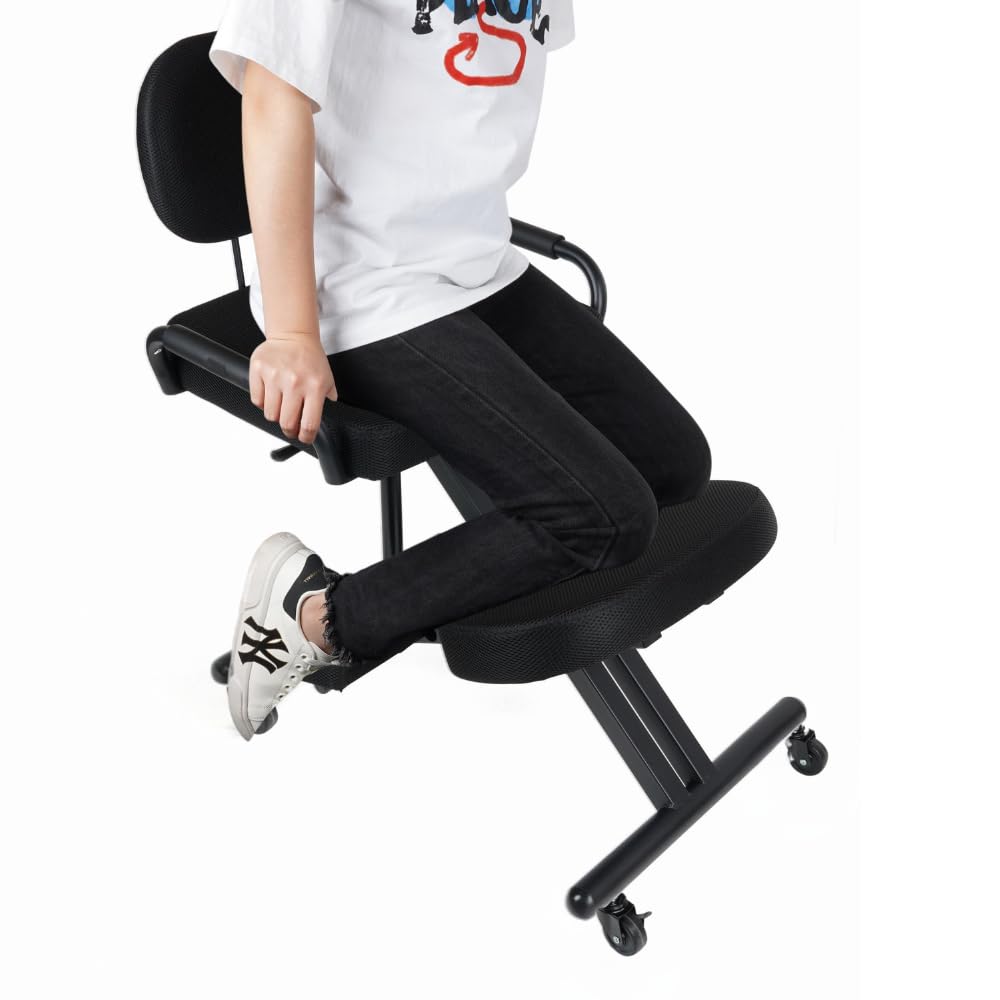 Ergonomic Kneeling Chair with Back Support and Foot Pedals — Adjustable Posture Stool for Back Pain Relief, Rolling Kneeling Chair for Home & Office, Extra Comfort Cushion, Angled Design
