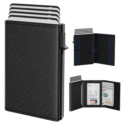 Image of typecase Mens Wallet Card Holder: Pop Up Aluminum Case, Genuine Leather, Smart, RFID Blocking, Slim, Minimalist, Front Pocket - 9-14 Card Capacity | ID Window | Cash Slot (Cross Black)