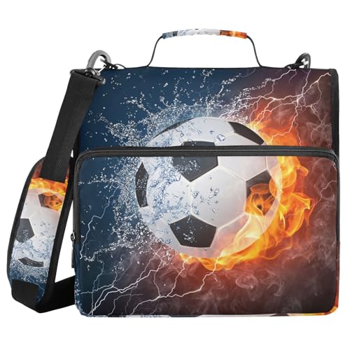 Image of Water Fire Soccer Zipper Binder Bag 3 Ring Binder with Shoulder Strap Zip Up 500 Sheets Capacity Multi Pockets for School Office Supplies