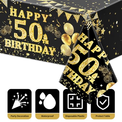 Image of Labeol 3 Pack 50th Birthday Tablecloth, Black and Gold Happy 50th Birthday Decorations, Disposable Plastic Rectangular Table Cover Party Supplies for Men Women