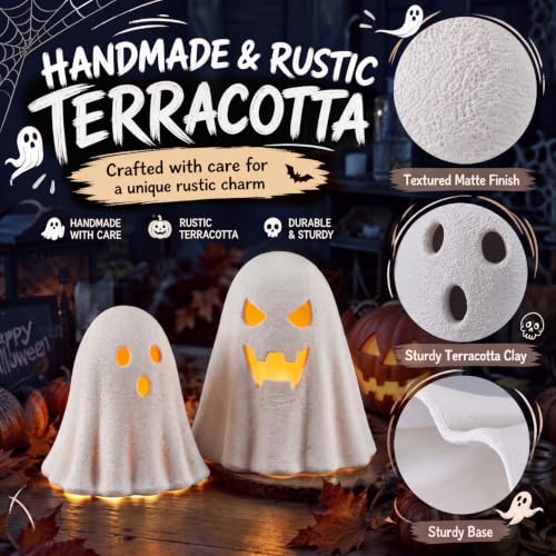 Patelai 2 Pcs Terracotta Halloween Ghost Figurines with LED Tea Lights - Image 3