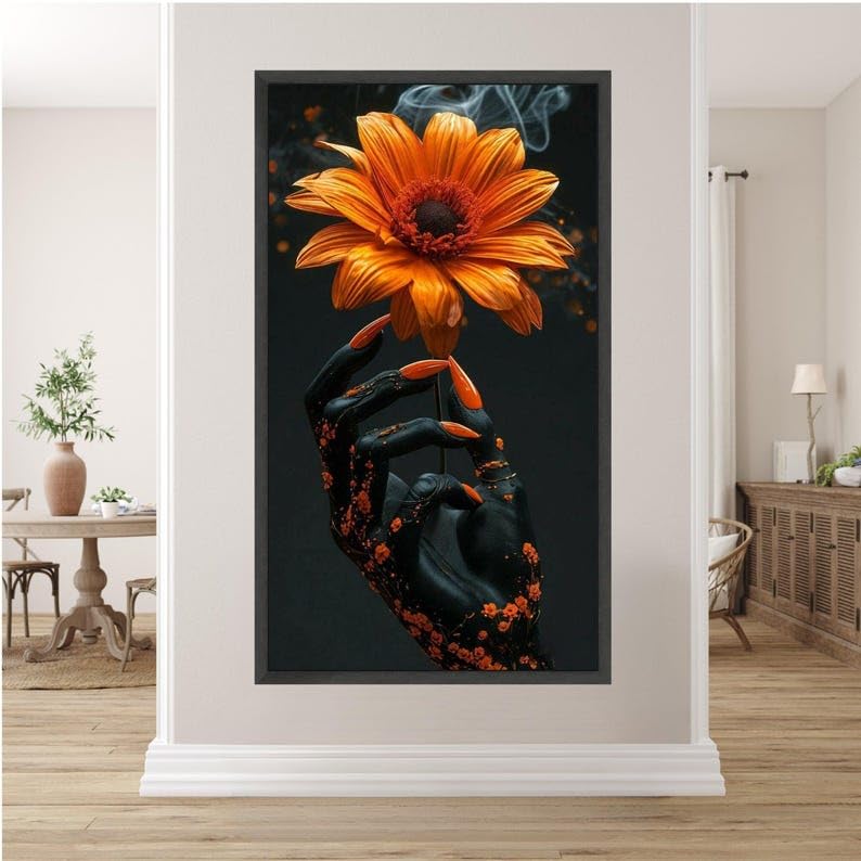 Peinture abstraite noire affiche fleurs orange art mural floral rétro moderne