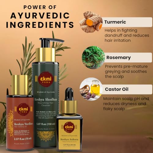 Image of Ekmiveda Hair Growth Set with Ayurvedic herbs- Amla, Bhringraj, Castor Oil, Rosemary for hair growth. Sulfate free hair thickening products for women, men. 3 pcs - Oil, Shampoo & Serum, 8.45 fl oz