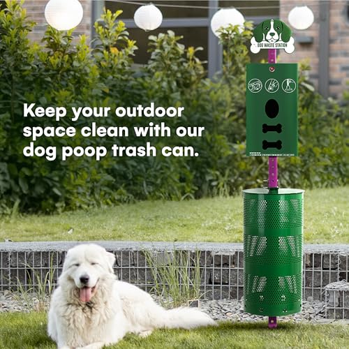 Flybold Dog Waste Station - Outdoor Dog Poop Trash Can with Poop Bag Dispenser - 400 Roll Bags, 100 Pull Bags, 50 Can Liners - Pet Waste Bag Disposal System for Parks and Public Spaces - 13x26 Inches
