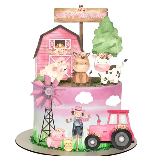 Pink Farm Cake Toppers for Farm Animals Birthday Decoration 14 Pcs Farm Animals Cake Becorations Birthday Party Supplies Cow Birthday Party Supplies