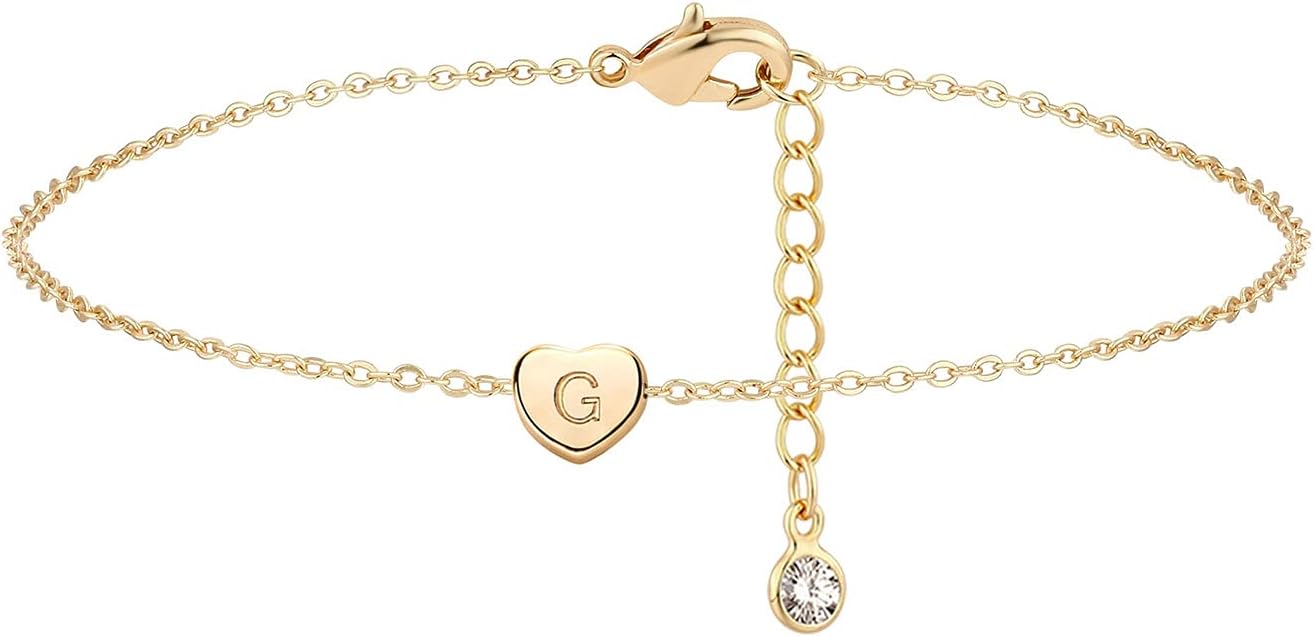 Fettero Initial Anklet Bracelets for Women 14K Gold Plated Dainty Summer Beach Anklet Jewelry Letter Heart Pendant Foot Anklets