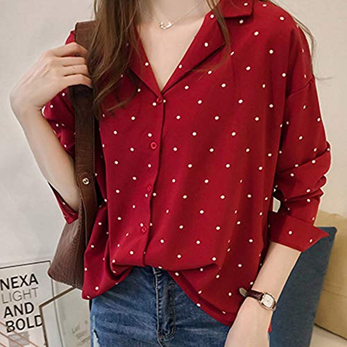 Blusa feminina de chiffon com estampa de bolinhas, manga comprida, da BEESCLOVER, Vermelho, XX-Large