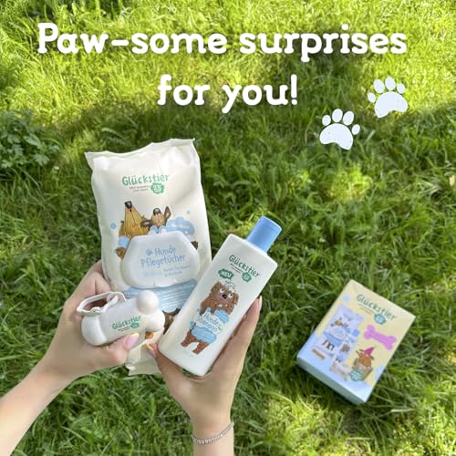 Glückstier Duo Geschenkset | Mit Glückstier Hundeshampoo parfümfrei (250ml) | Hundepflegetücher (60 STK.) | Hundebeutel-Spender (inkl. 15 Beutel) | ohne Parfüm | für Welpen & Sensible Hundenasen