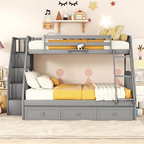 VilroCaz Twin Over Full Size Bunk Bed with Storage Staircase and Drawers, Solid Wood Bunk Bed Frame with Ladder and Guardrail for Kids Teens Adult, Detachable Design, Maximized Space (Gray-7) Cover