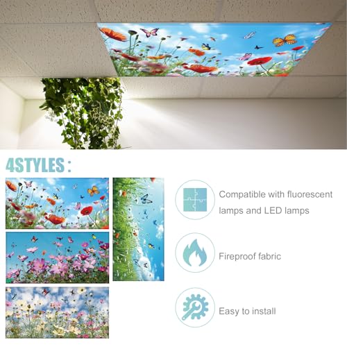Image of 4pcs Fluorescent Light Covers for Ceiling Lights, 47x23.6 Inch Floral Magnetic Drop Ceiling Light Filters 4 Styles Flowers and Butterflies Fabric Overhead Lamp Cover for Classroom, Home, Office