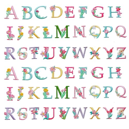 MISDONR 1.4 Inch Iron On Letter Patches Floral, 2 Sets (52 Pieces) A-Z Flower Embroidery Alphabet Patches for Clothing Backpacks Hats Shirts