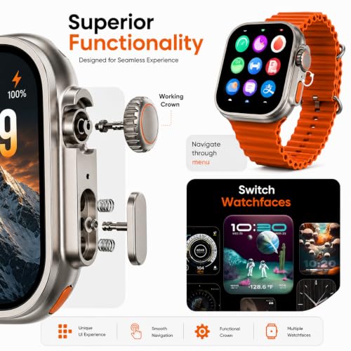 Image of T900 Ultra Smart Watch with Orange Strap, Bluetooth Connectivity, Fitness Tracking, HD Display (Orange)