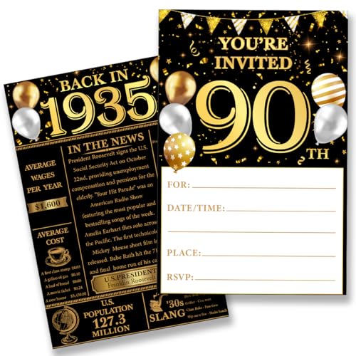 QZJ Party-Einladungen zum 90. Geburtstag für Frauen Männer – Zurück in 1935 Einladungen zum 90. Geburtstag Einladungen Set für Geburtstag Jahrestag (20 Einladungen und Umschläge)