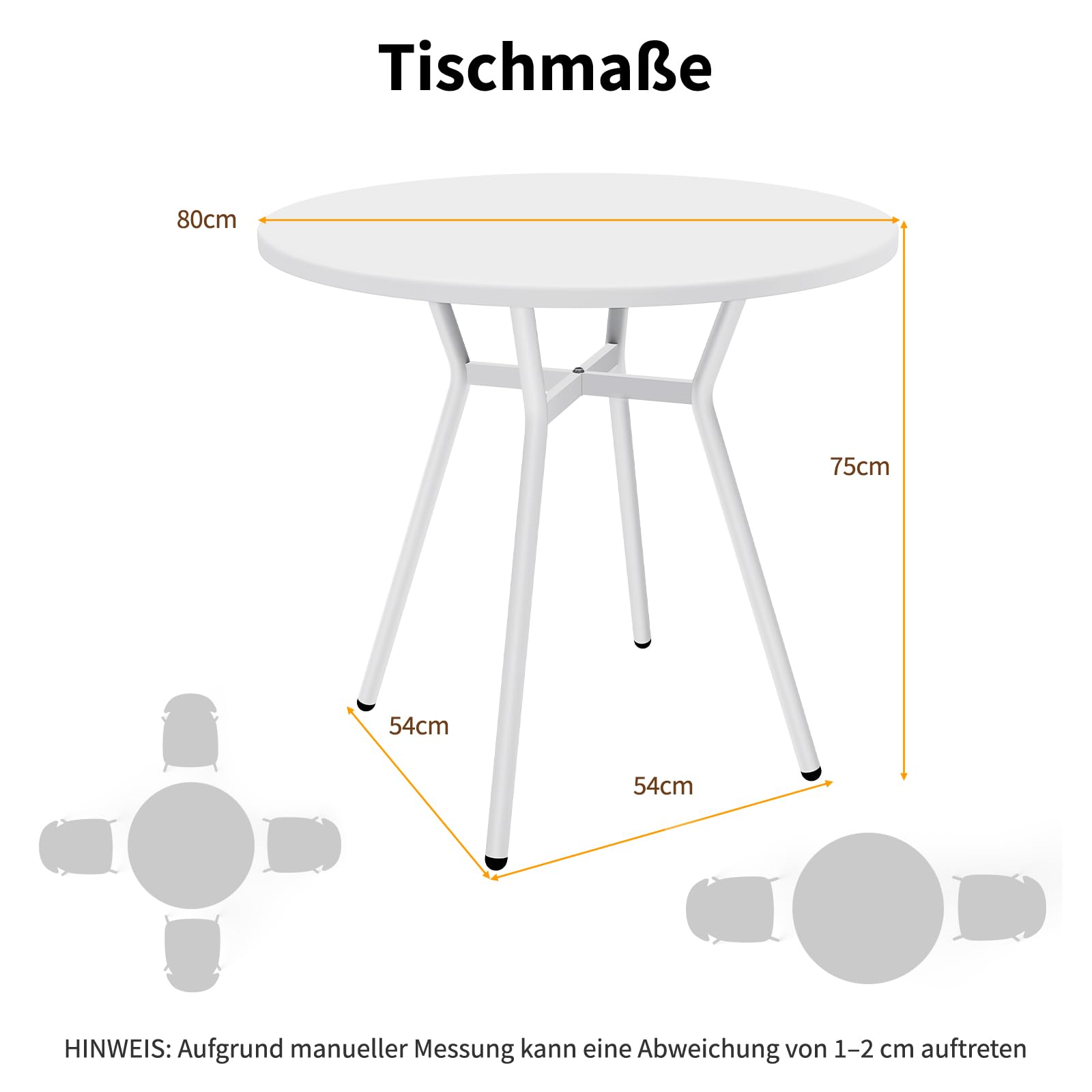 JIJIAN Essgruppe, Runder Weiß Esstisch mit 2 Weiß Armlehnenstühle, Durchmesser 80 cm, für Wohnzimmer, Café, Terrasse, Garten, Empfangsraum