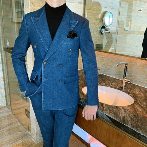 Men's Denim Suit Casual Double Breasted Jacket Two Pieces Banquet Tuxedos Pants Set2
