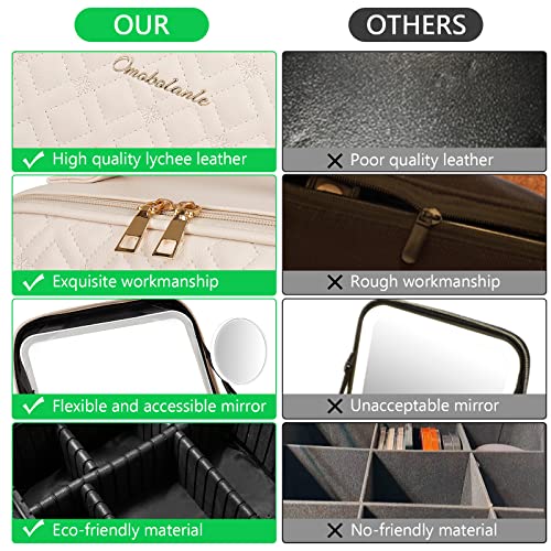 Peeh Makeup Bag With Lighted Mirror, Travel Make Up Train Case With Adjustable Dividers And Detachable 10X Magnifying Mirror, Pu Lether Cosmetics Organizer For Women, Beige #TOP4