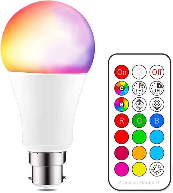 iLC Colour Changing Light Bulb Dimmable 10W B22 Bayonet RGBW LED Light Bulbs - 12 Color Choices - Remote Controller Included for Home/Decoration/Bar/Party/KTV Mood Ambiance Lighting