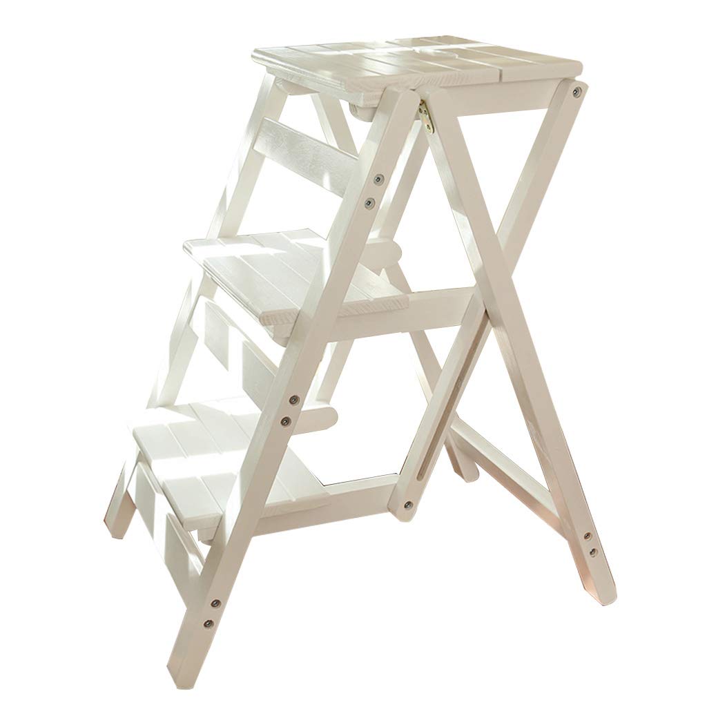 Casa Escalera de Madera Plegable Taburete 3 peldaños con Engrosamiento de Pedal Ancho De múltiples Fines Estante de Almacenamiento Silla de escaleras, Carga máxima 150 kg (Color: Blanco)