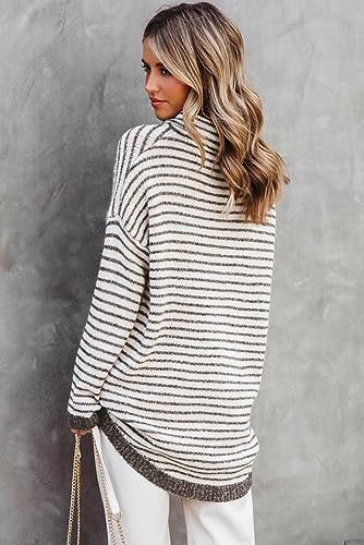 Women's Chic and Classic Khaki Striped Turtleneck Loose Sweater3