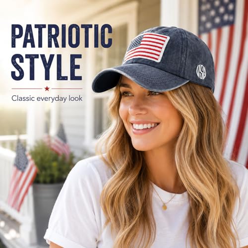 Image of American Flag Baseball Cap for Men Women, Washed Cotton USA Hat, Adjustable Patriotic Cap for 4th of July